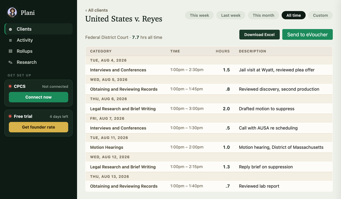 A federal client's page in Plani, with Download Excel and Send to eVoucher buttons above the list of time entries.